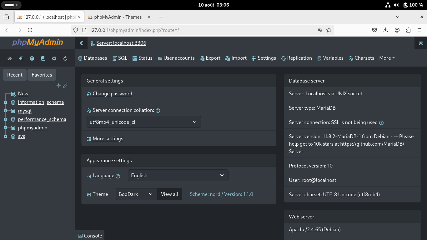 phpMyAdmin on Debian 13 - Trixie | BooDark theme