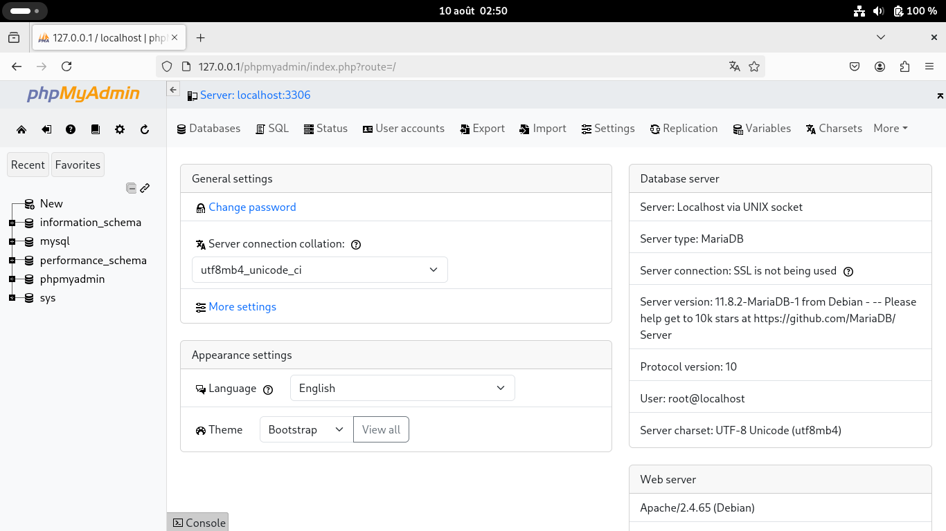 phpMyAdmin on Debian 13 - Trixie | Bootstrap theme on the home page
