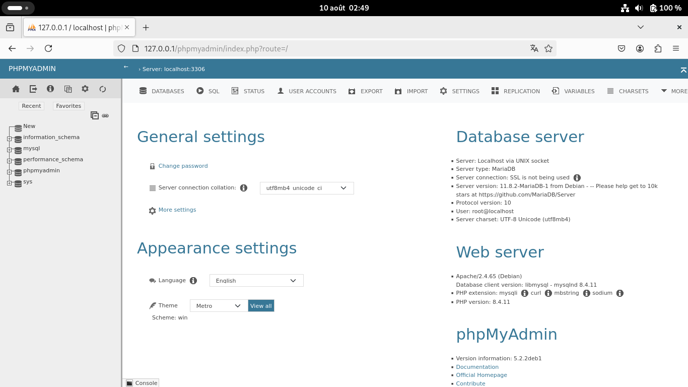 phpMyAdmin on Debian 13 - Trixie | Metro theme on the home page