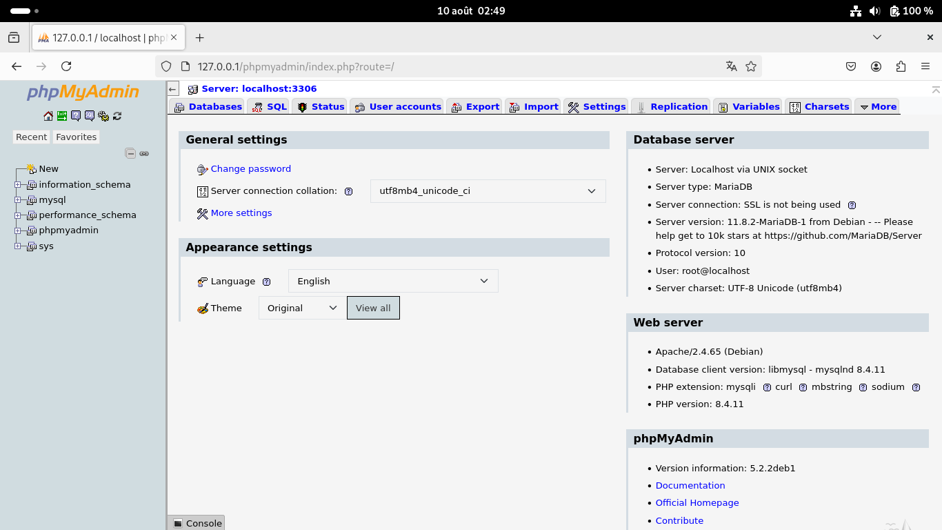 phpMyAdmin on Debian 13 - Trixie | Original theme on the home page