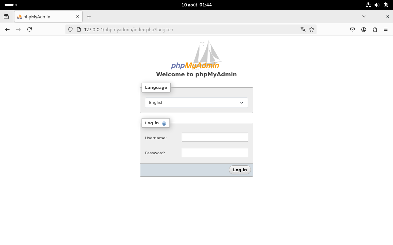 phpMyAdmin on Debian 13 - Trixie | Login page