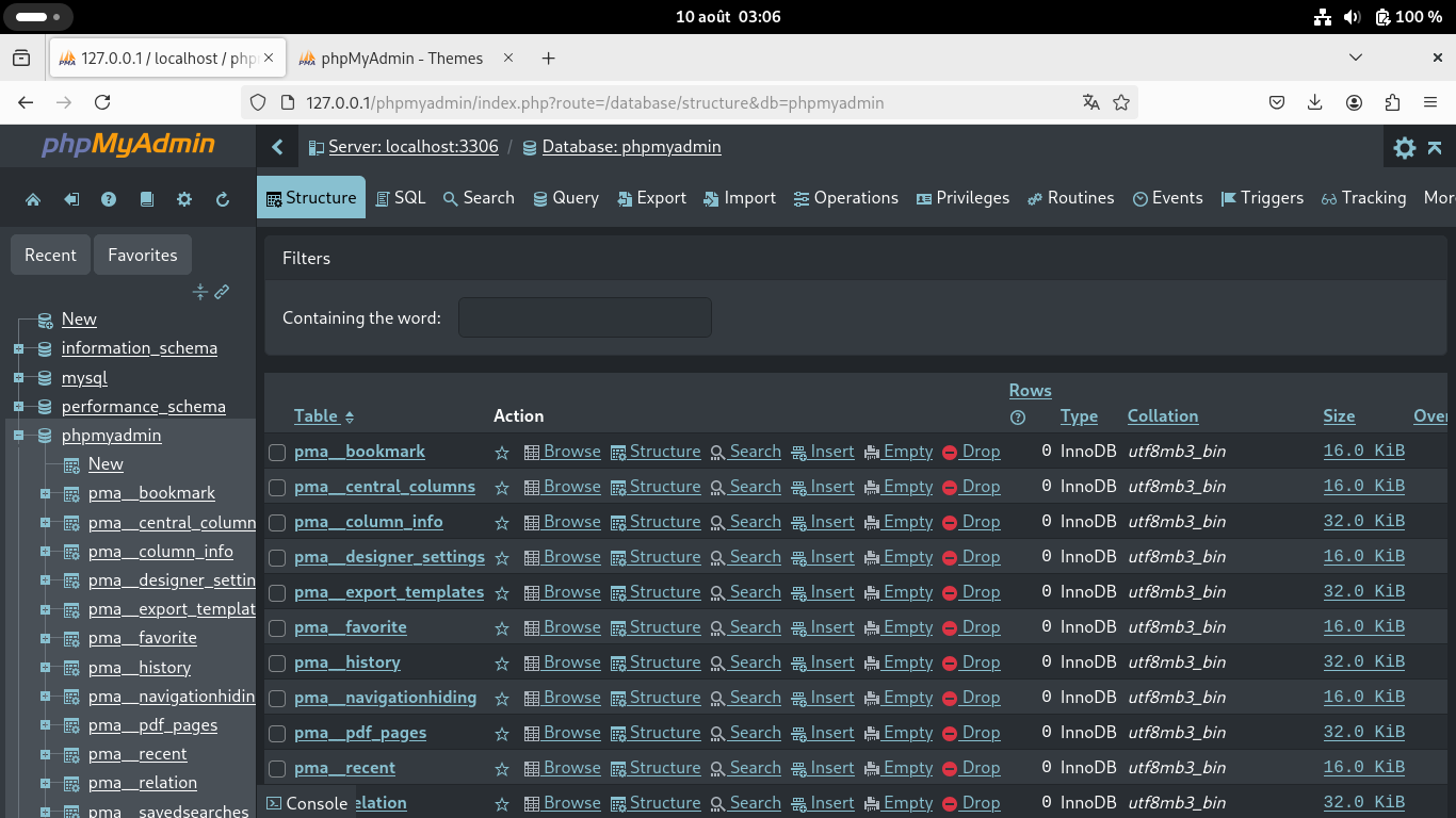 phpMyAdmin on Debian 13 - Trixie | BooDark theme on the table list page