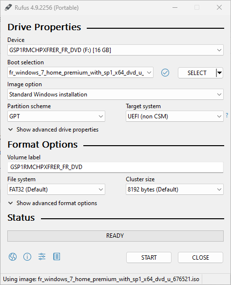 Rufus 4.9p ready to make the Windows USB key